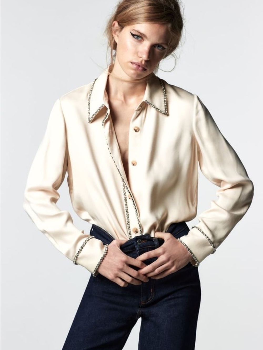 Zara Cream Button-Front Shirt with bejeweled trim size xl